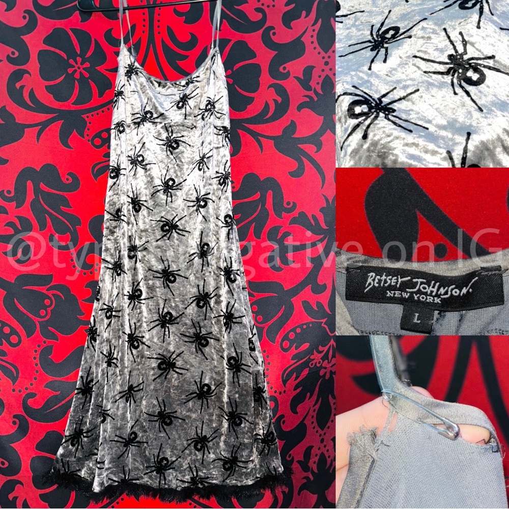 Super Rare 90s Betsey Johnson Velvet Feather Trim Spider Dress